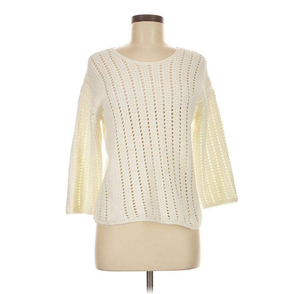 J.McLaughlin Sweater Women Small Cream Crochet Open Knit 3/4 Sleeve Scoop Neck